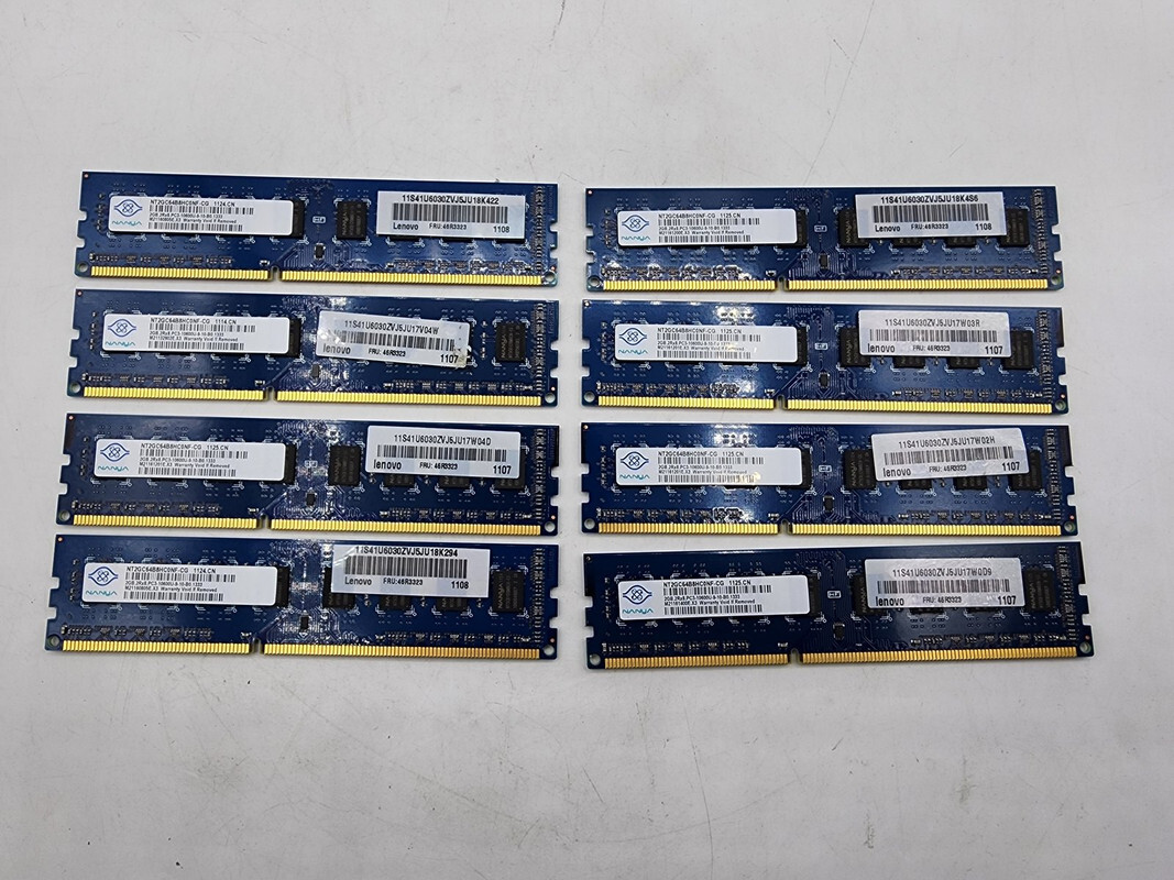 LOT OF 8* NANYA NT2GC64B8HC0NF-CG 2GB 2RX8 PC3-10600U DDR3 1333MHZ RAM MEMORY LOT OF 8* NANYA NT2GC64B8HC0NF-CG 2GB 2RX8 PC3-10600U DDR3 1333MHZ RAM MEMORY