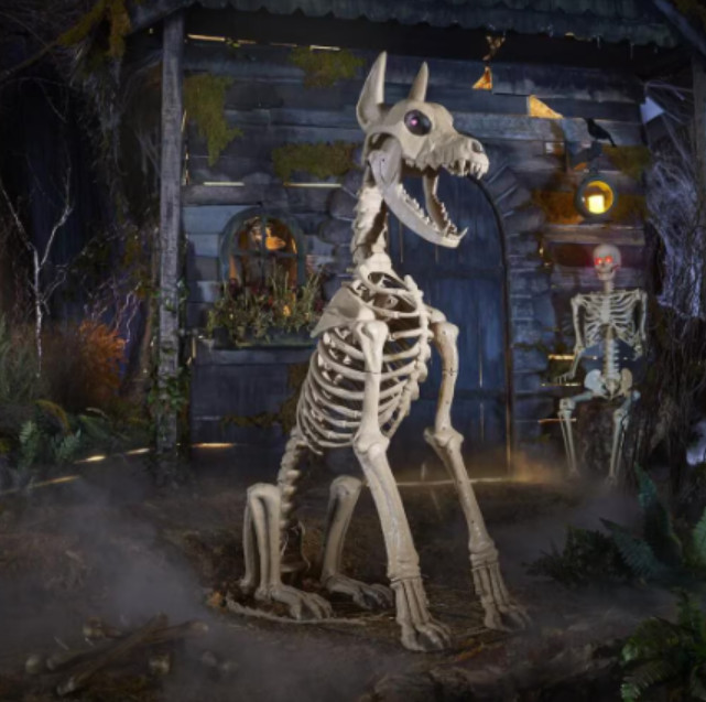 Home Accents 5 Ft Grave & Bones Skelly\'s Sitting Dog with Lifeeyes LCD Eyes