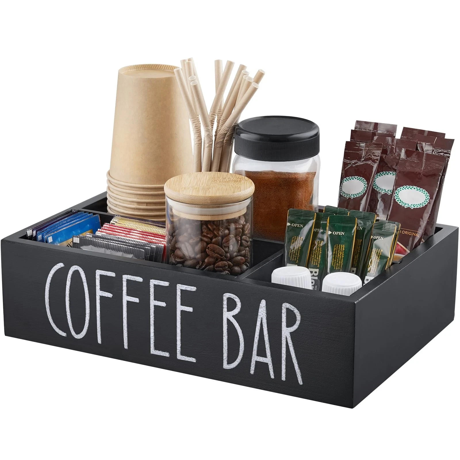 Coffee Station Organizer - Wood Countertop Accessories Organizer with Removab...