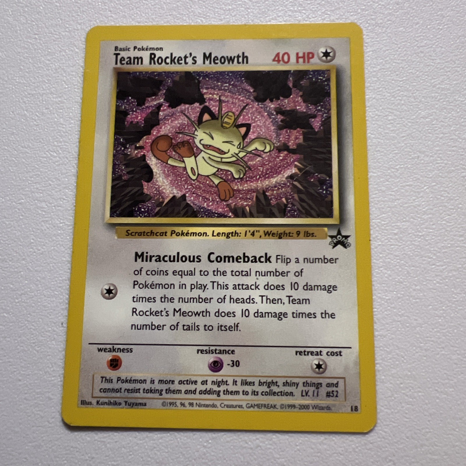 Team Rocket\'s Meowth (#18), Vintage Wizards of the Coast (WotC) Black Star Promo Team Rocket\'s Meowth (#18), Vintage Wizards of the Coast (WotC) Black Star Promo
