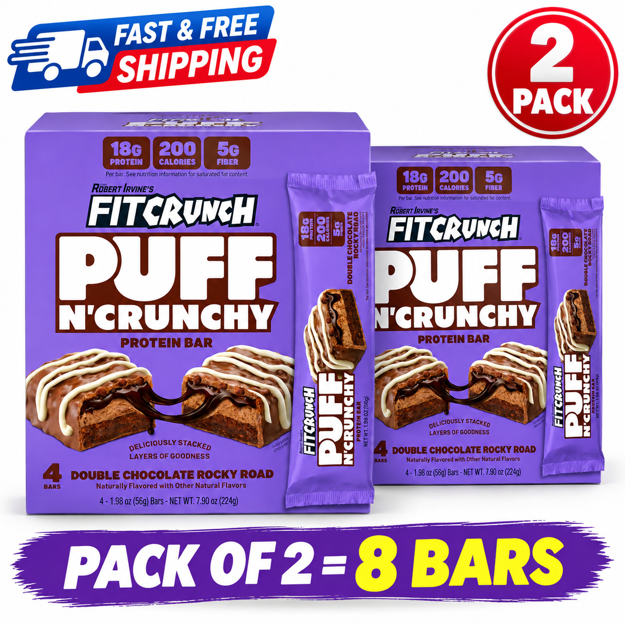 (2 Pack) FITCRUNCH Puff n\' Crunchy, Double Chocolate Rocky Road, 18g Protein