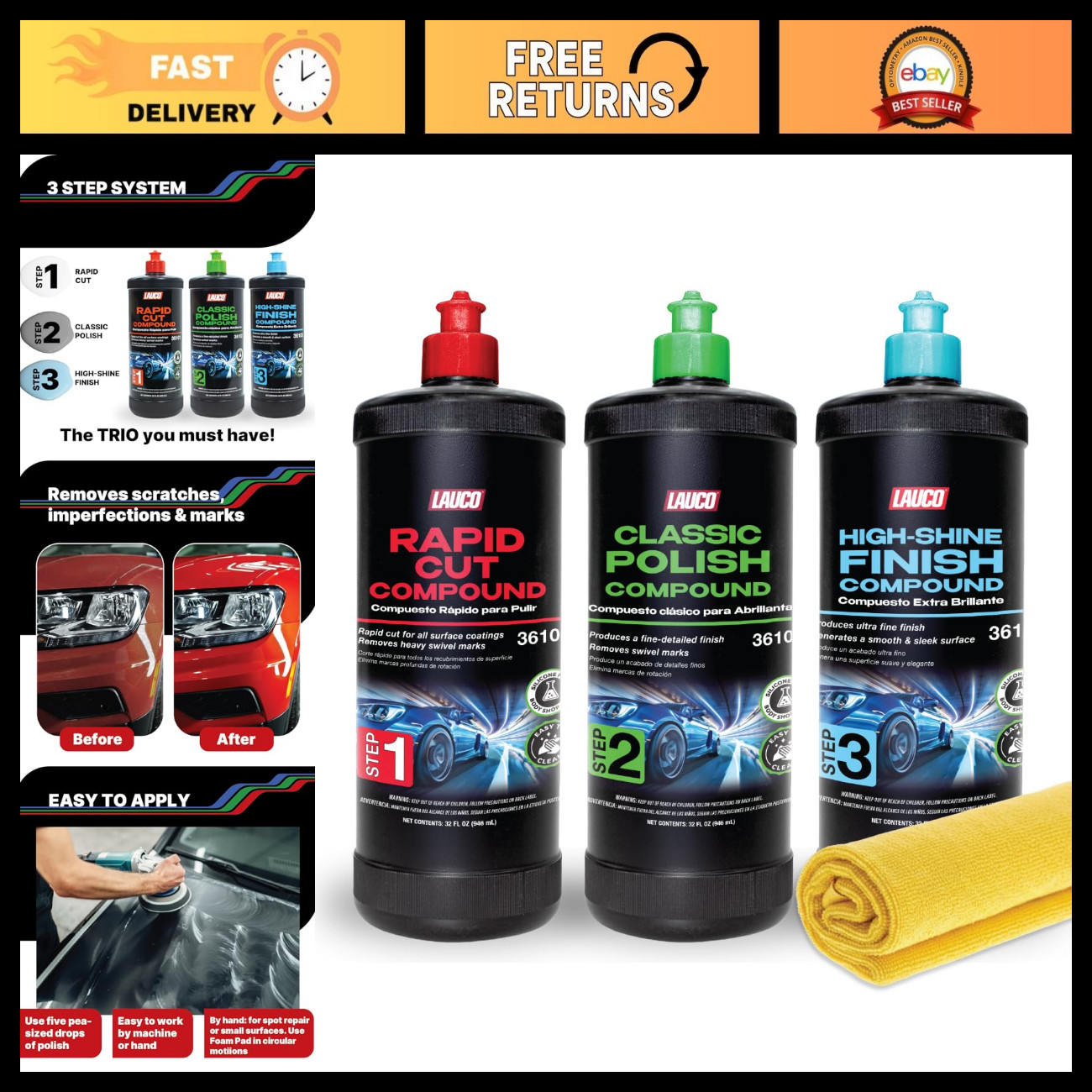 3-Step Cutting, Polishing & Finishing Kit - 32oz Silicone-Free Compounds + Towel