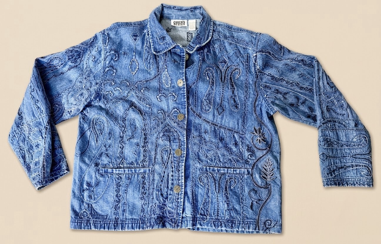 VTG Chicos Design Denim Jacket Womens 1 M Blue Paisley Embroidered Y2K
