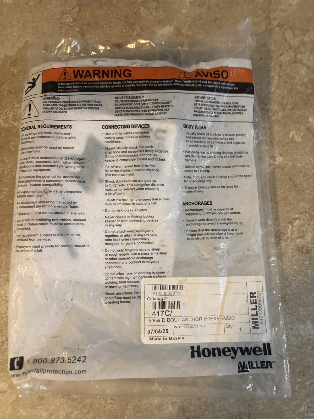 Honeywell Miller 417C D-Bolt Anchor 4\ Honeywell Miller 417C D-Bolt Anchor 4\