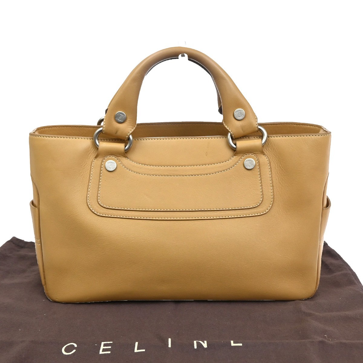 CELINE Logo Macadam Boogie Hand Tote Bag Leather Beige SHW Italy 62KC970