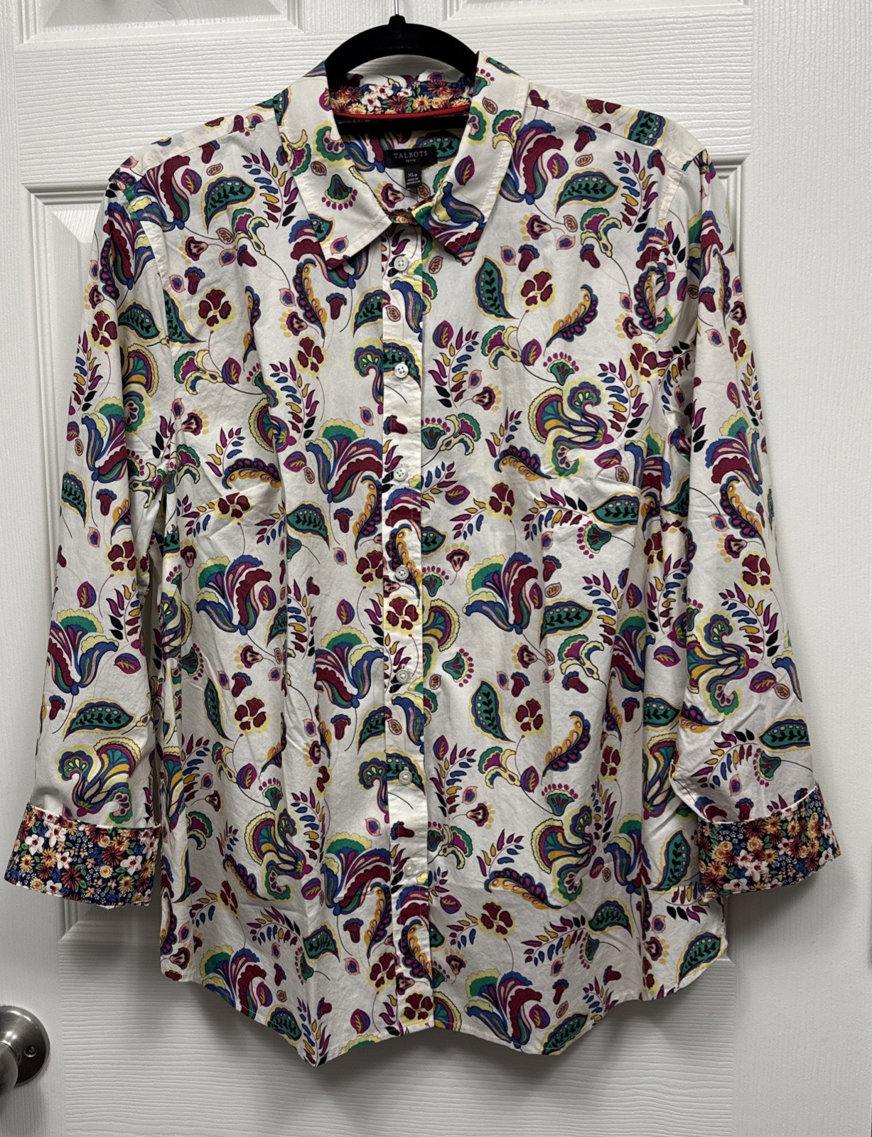 Talbots Women\'s XL Petite Paisley Print Shirt Floral Flip Cuff  Button Up Cotton