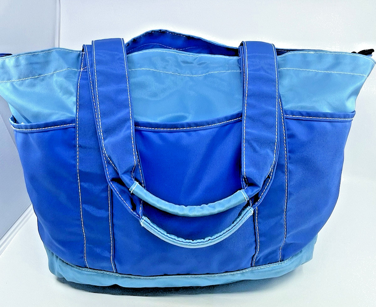 VTG LL Bean Nylon 7 Pocket Zip Boat Tote Blue Color Blocking Gardening Bag