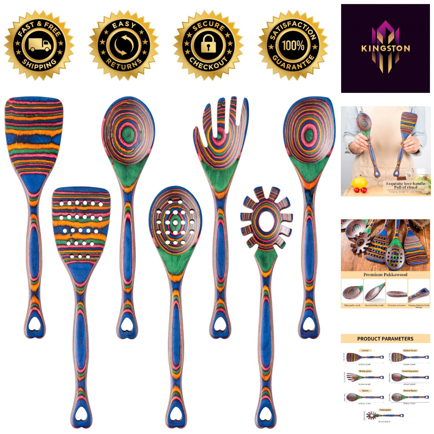 Elegant Pakkawood 7-Piece Wooden Cooking Utensils Set - Blue Heart Design