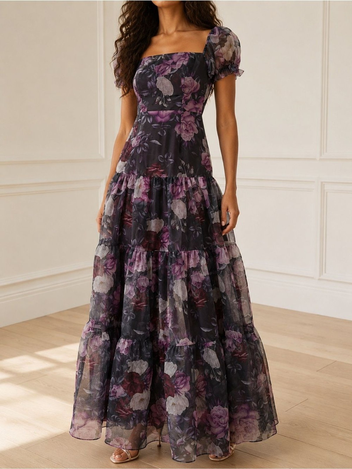 NWT Lulus Delightful Expression Maxi Dress Sz Medium Black Purple Floral Organza