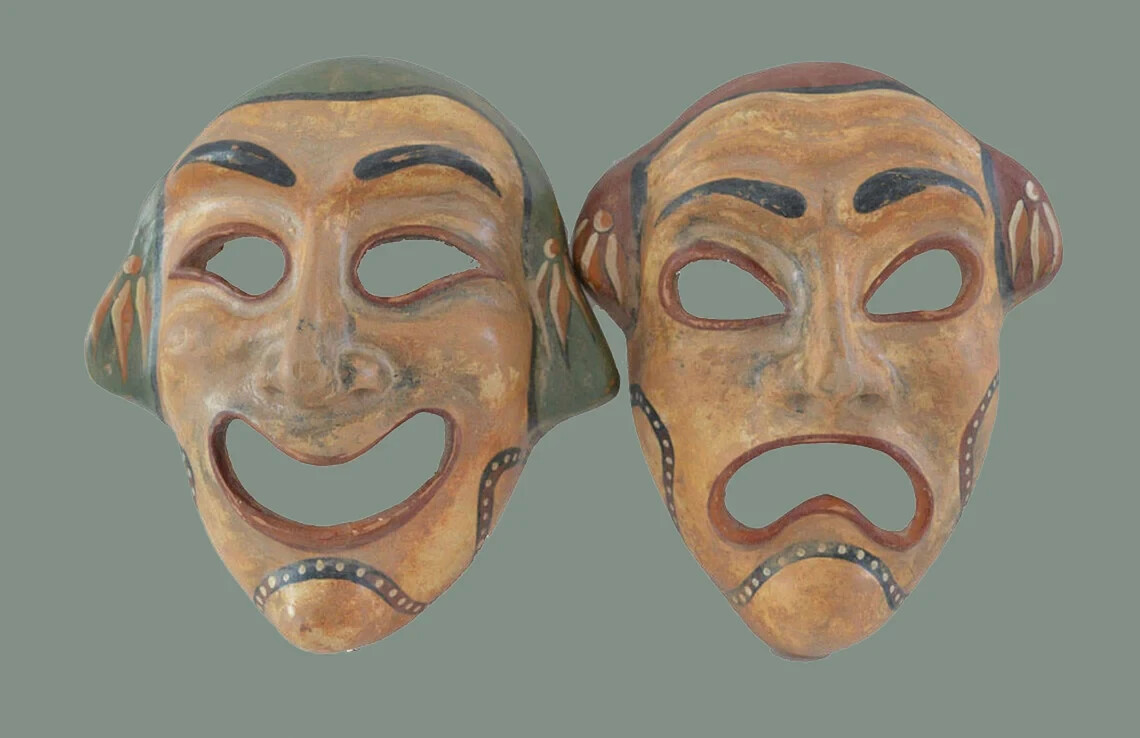 Ancient Greek theatrical Commedy Tragedy mask set quality artifacts High quality Ancient Greek theatrical Commedy Tragedy mask set quality artifacts High quality