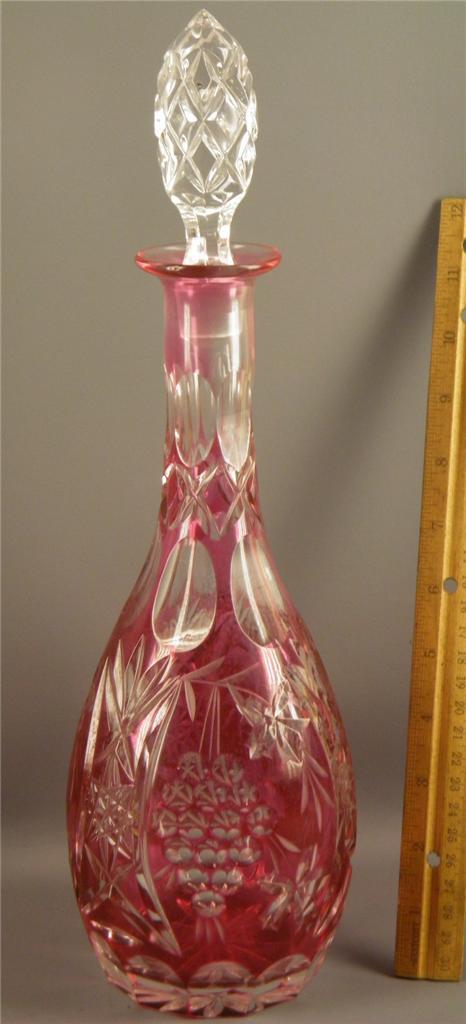 ANTIQUE BOHEMIAN CZECH CRANBERRY CUT TO CLEAR GLASS LIQUOR WINE DECANTER