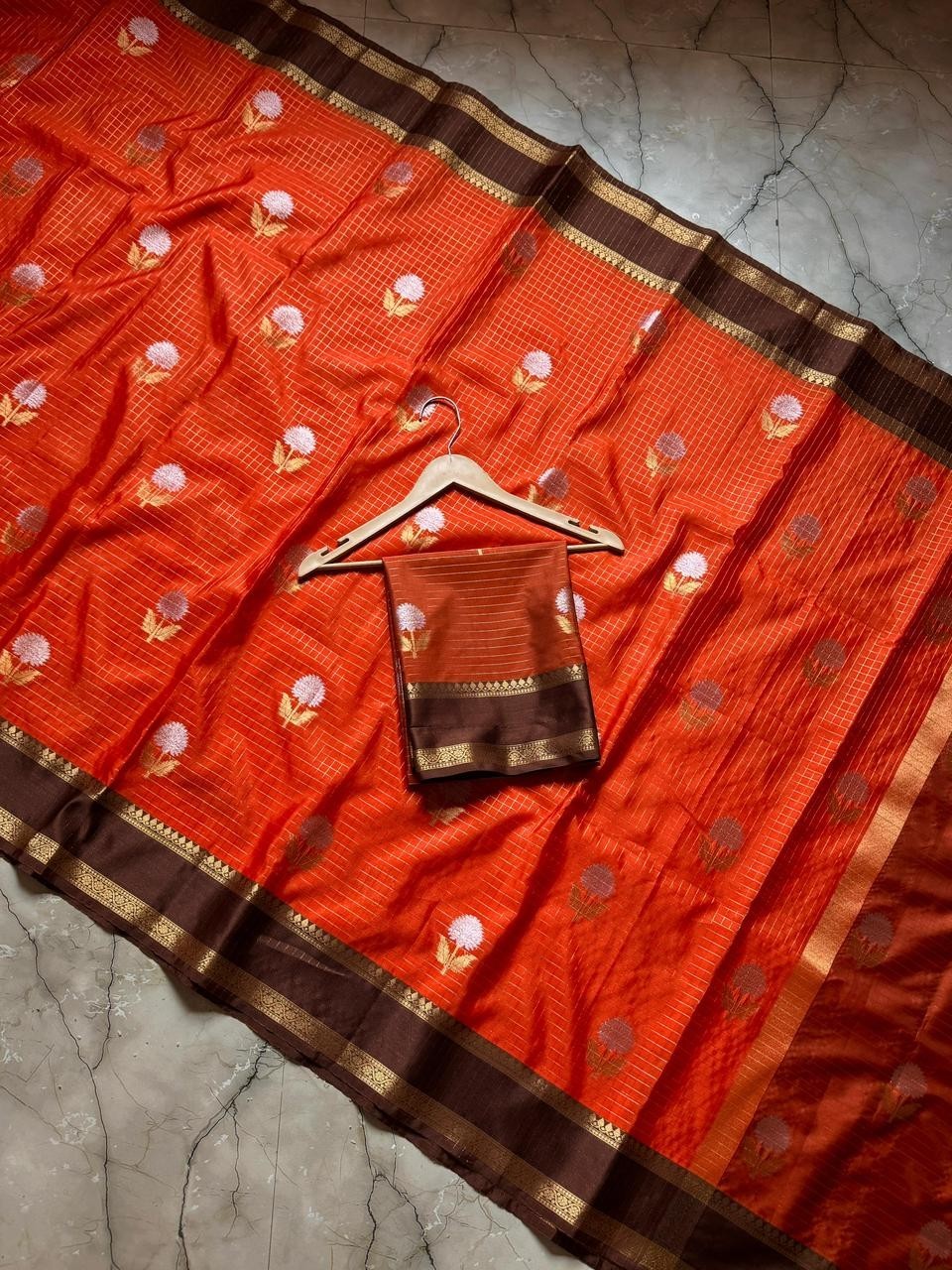 Trending Rust Orange Banarasi Soft Silk Saree with Gold Zari Checks & Blouse Trending Rust Orange Banarasi Soft Silk Saree with Gold Zari Checks & Blouse