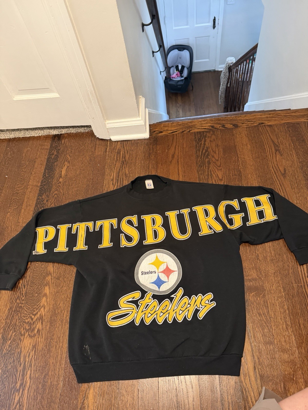 Pittsburgh Steelers vintage Spellout Black Crewneck Sweatshirt size Large rare