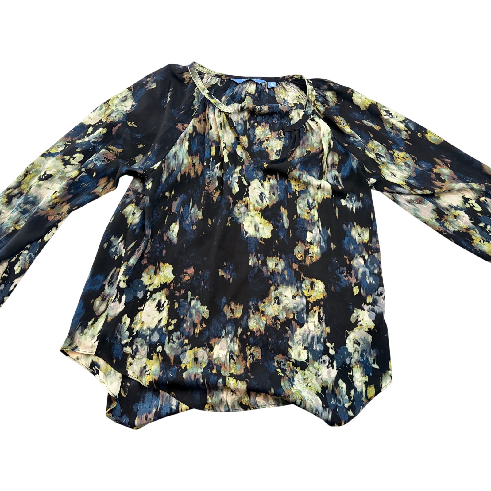 Simply Vera Vera Wang Sz M Split Neck Peasant Blouse Black Floral Chiffon Top