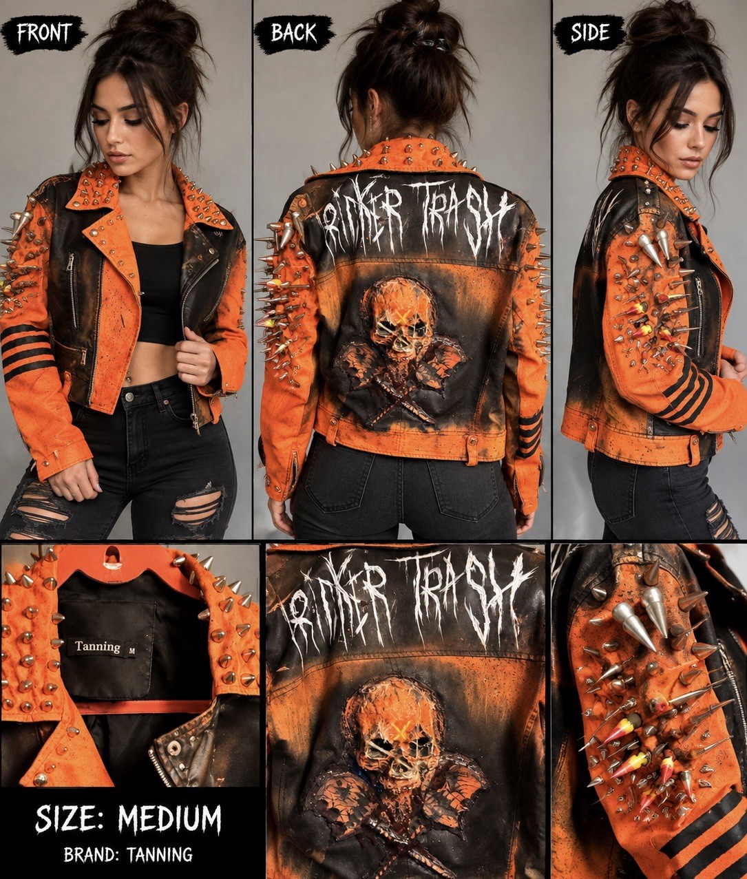 Tanming Women’s/M Black/Orange Leather Studded Biker Jacket Zip/ Halloween. Tanming Women’s/M Black/Orange Leather Studded Biker Jacket Zip/ Halloween.