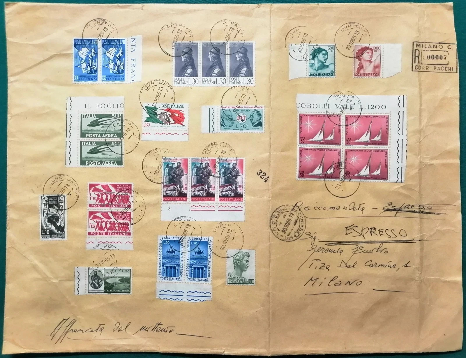 Republic - 1965 - 1000 lire Michelangelo on envelope with striking postage