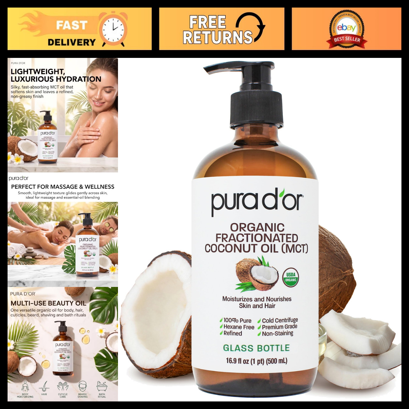 Organic Fractionated Coconut Oil MCT - 16.9oz Glass Bottle - Pure & Versatile Oi