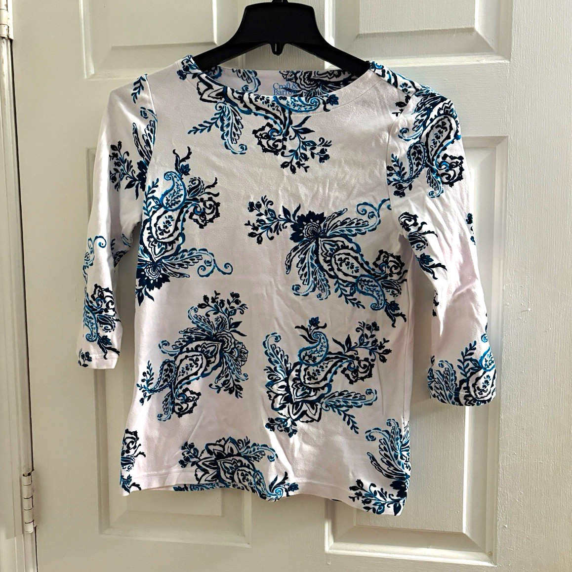 Croft & Barrow Women\'s XS Paisley Knit Top White/Blue/Black Scoop Neck 3/4