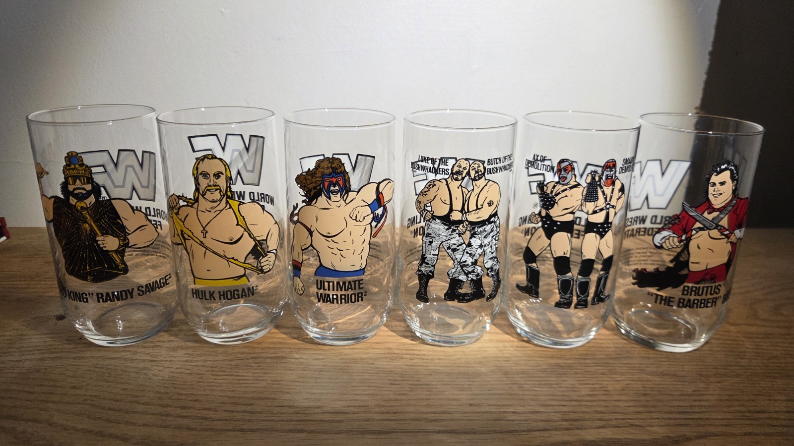 6 1990 WWF Drinking Glasses Complete Set Vintage WWF Hogan Savage Warrior Esso 6 1990 WWF Drinking Glasses Complete Set Vintage WWF Hogan Savage Warrior Esso