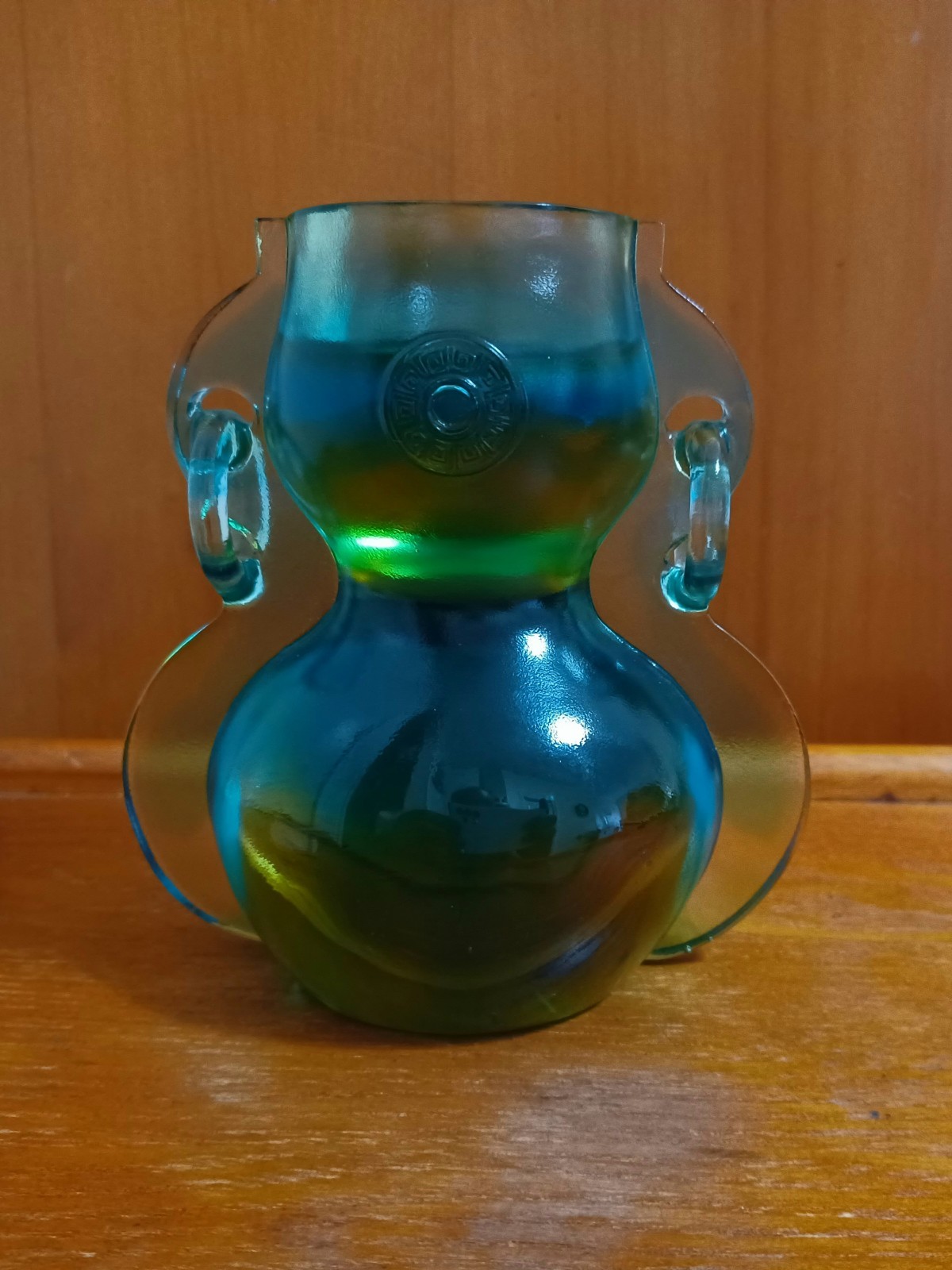 Signed Tittot Liuli Gongfang Art Glass Hu Vessel Teal Amber Double Gourd Vase