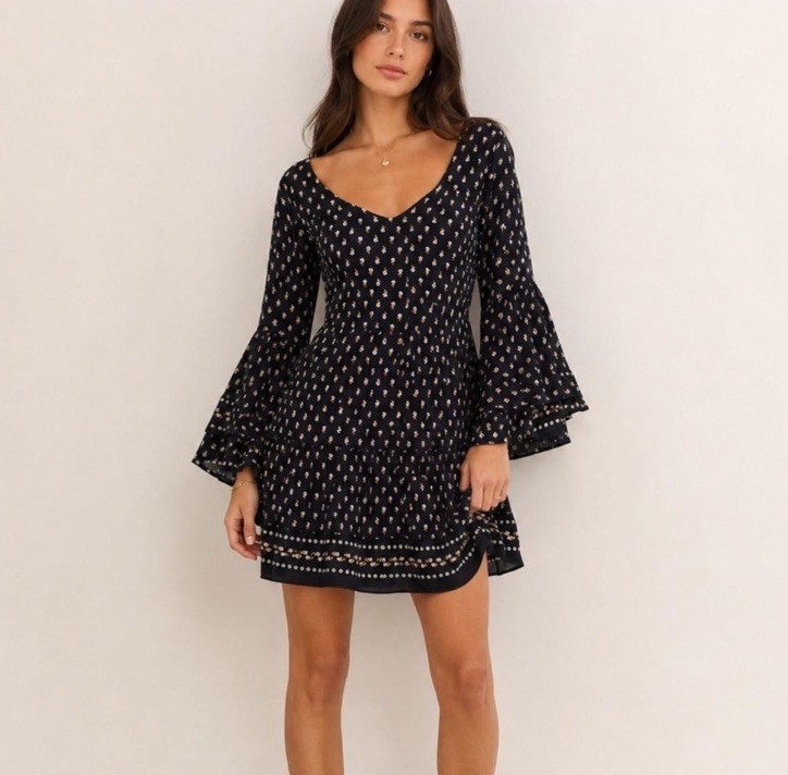 Faithful The Brand Anthropologie Fresa Tunic Dress Floral Bell Sleeve Size 10