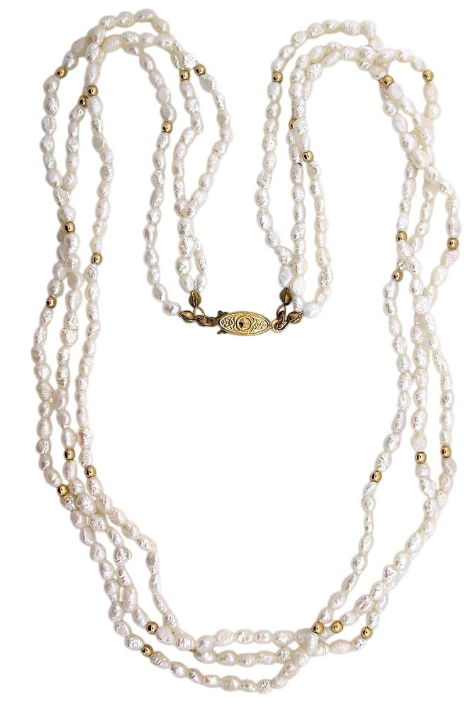 Vintage Freshwater Biwa Rice Pearl GP Bead Clasp Three Strand 22 Inch Necklace