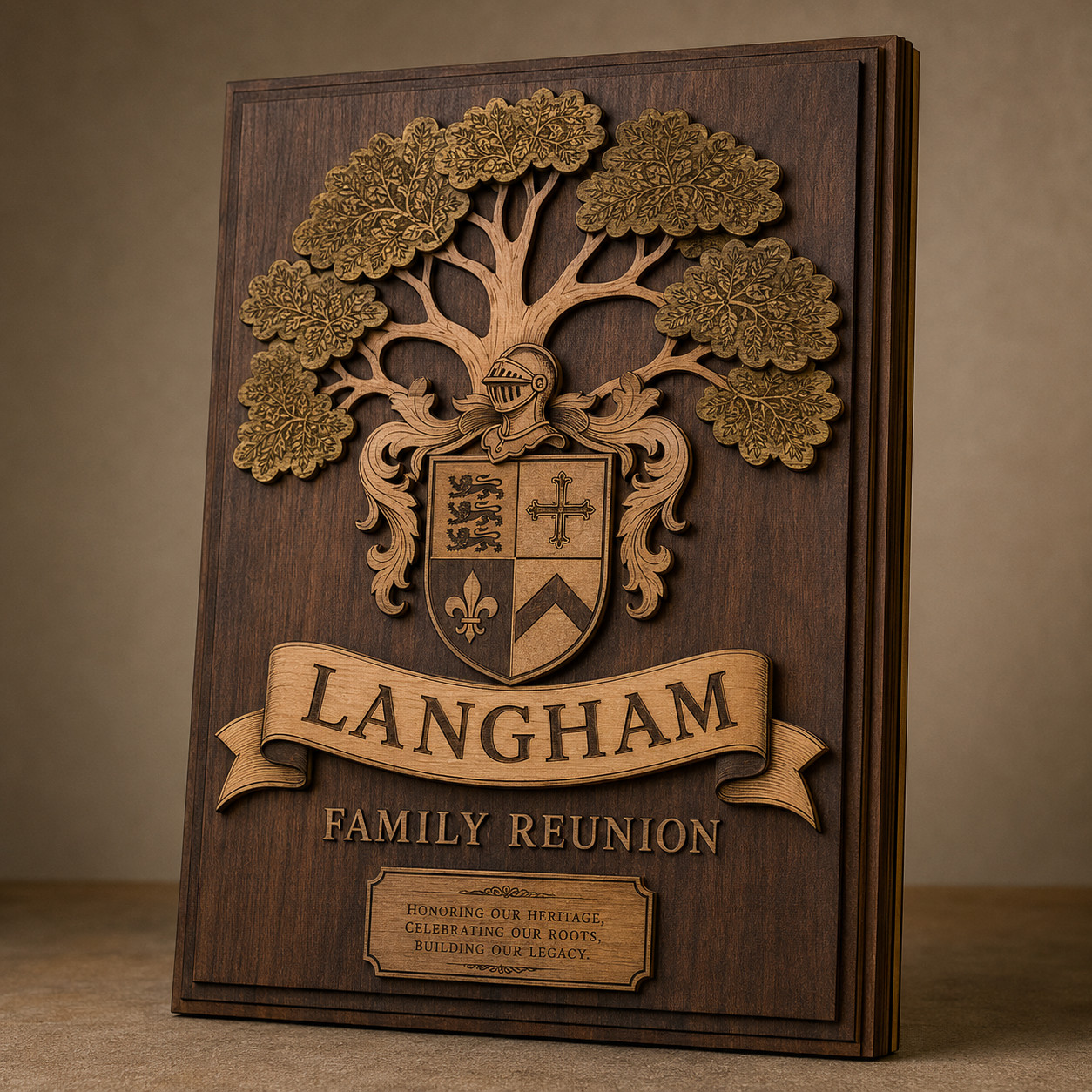 Personalized Rectangular Family Reunion Plaque | Custom Wood Crest & History Sig