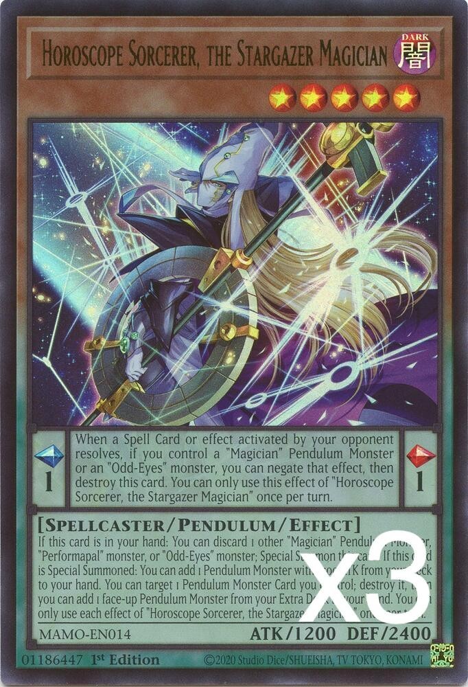 3X Yugioh Horoscope Sorcerer, the Stargazer Magician MAMO-EN014 Ultra Rare NM 3X Yugioh Horoscope Sorcerer, the Stargazer Magician MAMO-EN014 Ultra Rare NM
