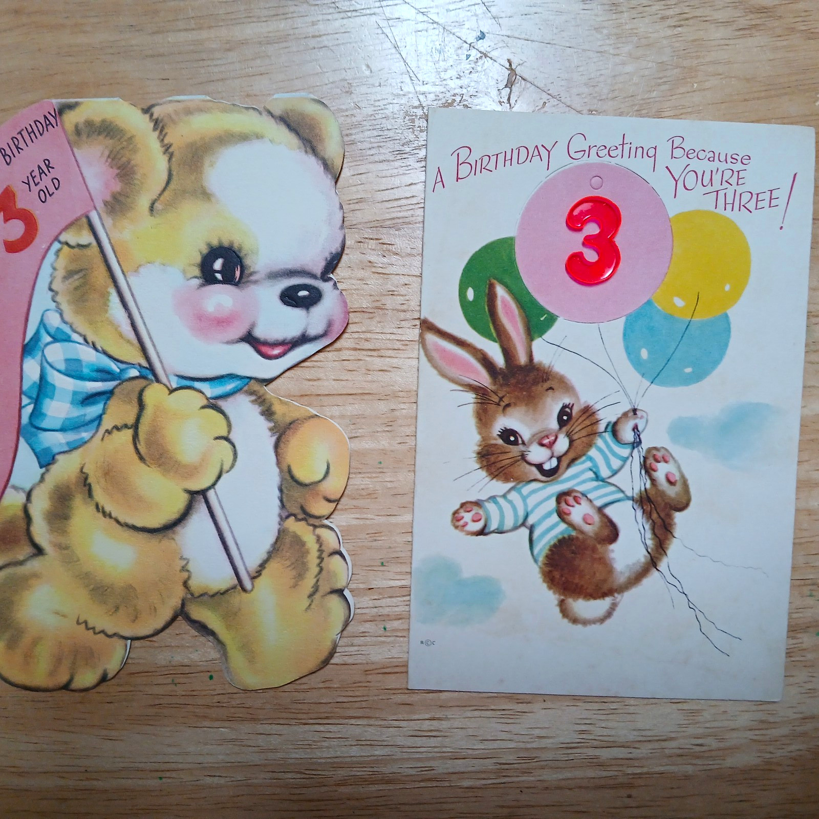 Two Adorable Vintage 3 Year Old Birthday Cards Bear Bunny