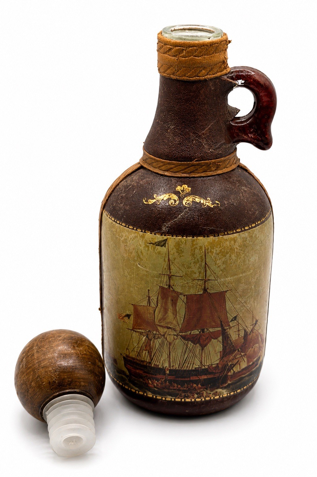 Fausto Corduri Florence Italy Leather Wrapped Ship Decanter Bottle Vintage