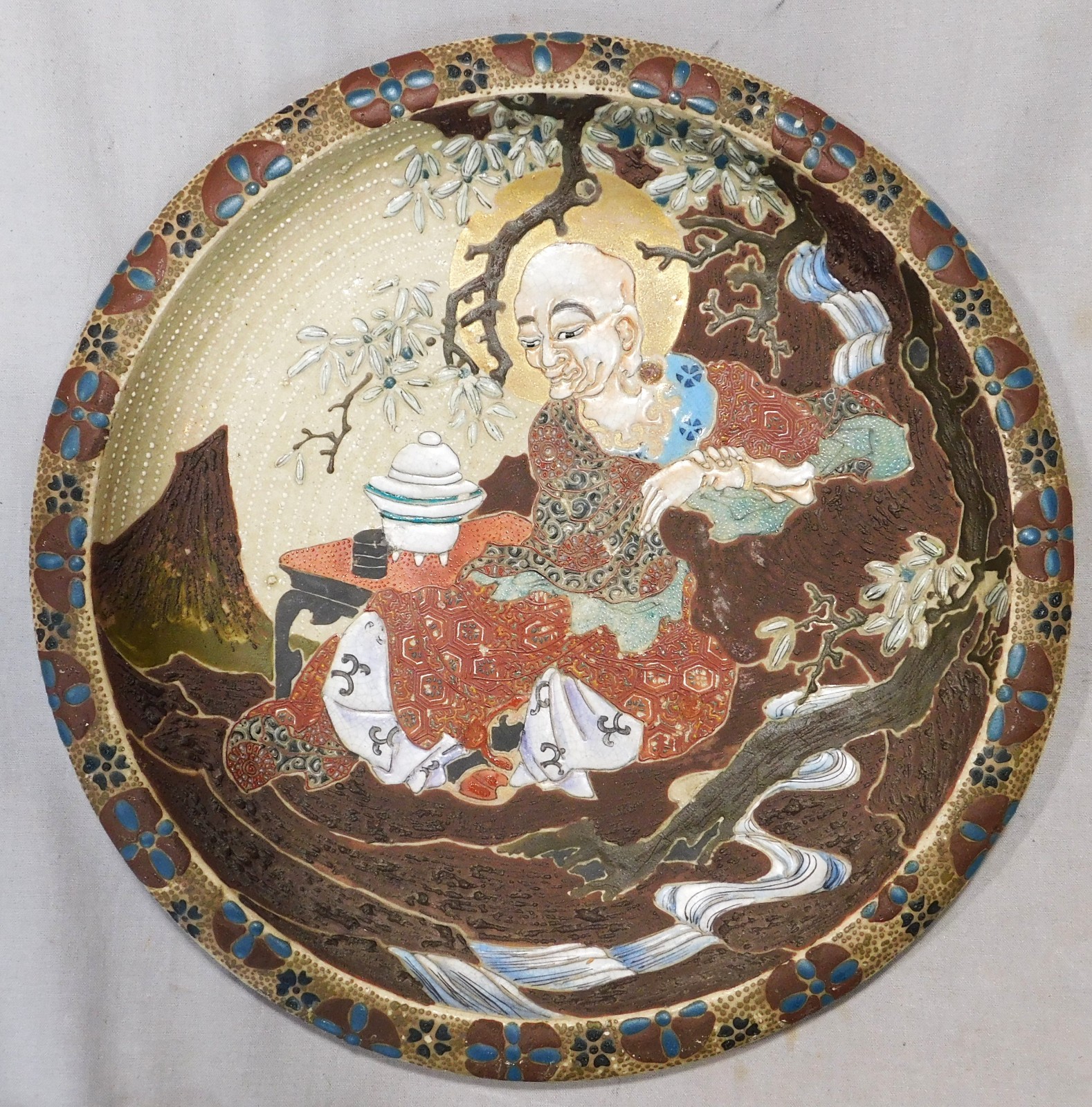 Antique Japanese Satsuma Charger Meiji Rakan Arhat  Enamel 12