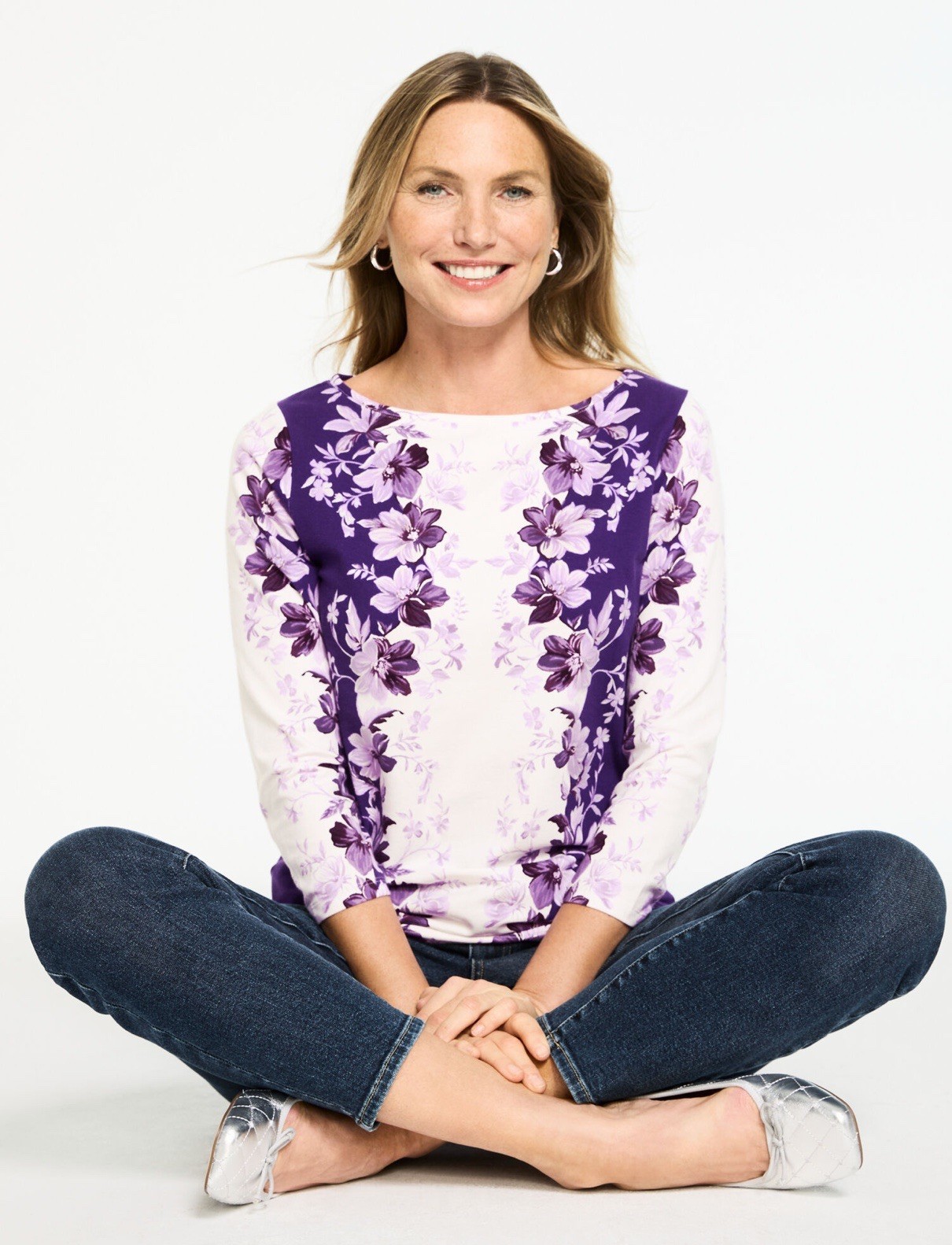 NWT Talbots Women’s Size PS Purple Floral Cotton Blend Boat Neck Pullover Tee NWT Talbots Women’s Size PS Purple Floral Cotton Blend Boat Neck Pullover Tee