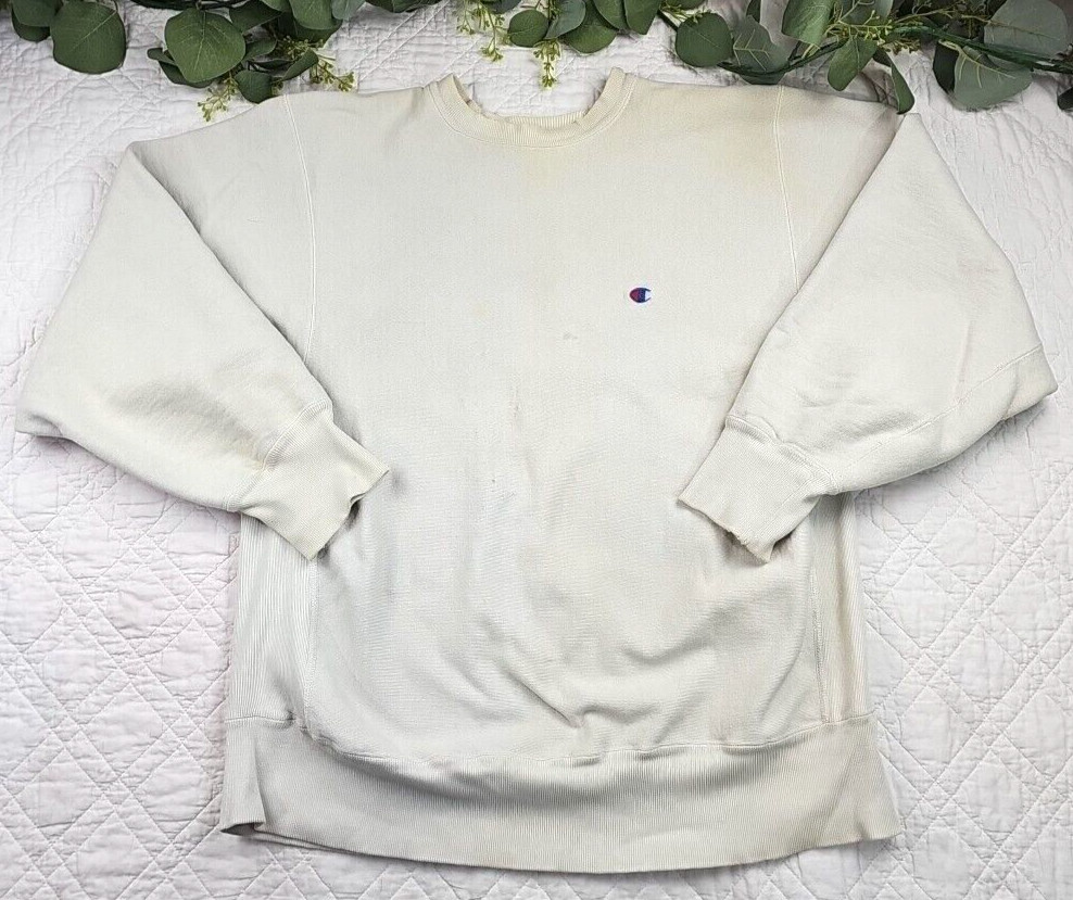 VTG Champion Reverse Weave Warmup Solid White Crewneck Pullover Size XL USA Made