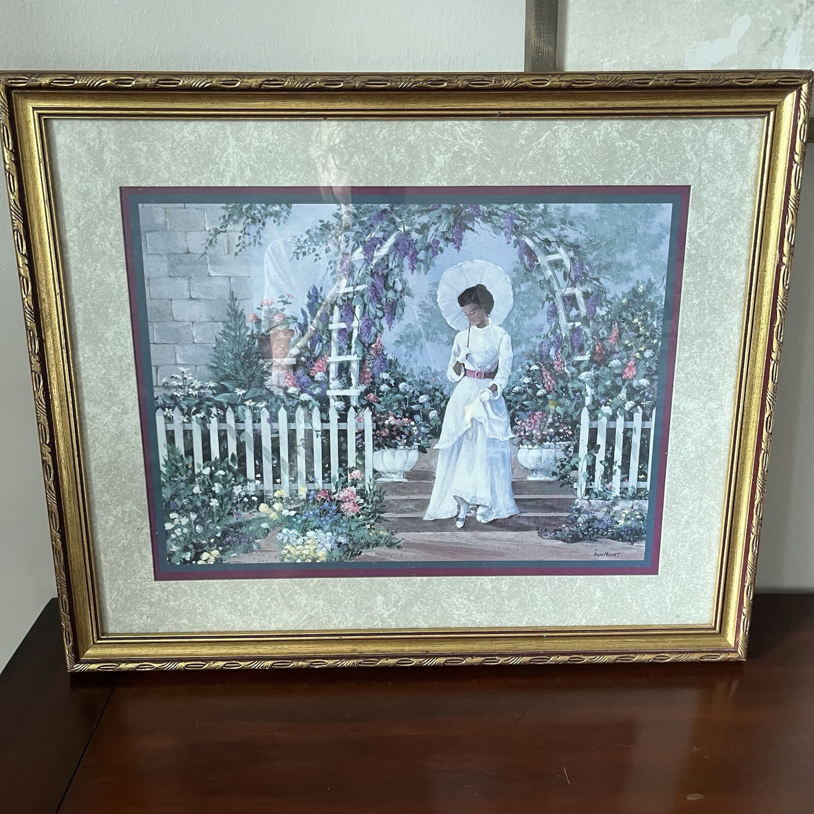 Ann Mount Lithograph Matted & Framed Gorgeous - Lady With Parasol In Garden Ann Mount Lithograph Matted & Framed Gorgeous - Lady With Parasol In Garden