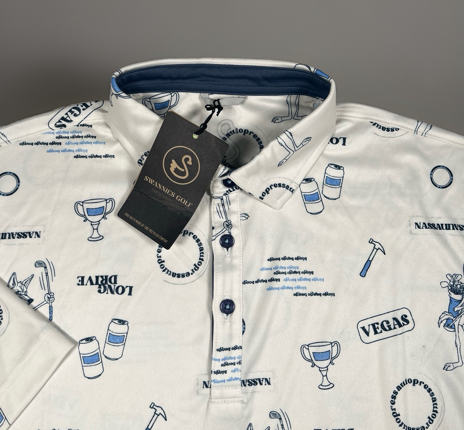 NWT Swannies Golf Mens Roman Polo Shirt Medium Vintage White Graphic Print NWT Swannies Golf Mens Roman Polo Shirt Medium Vintage White Graphic Print