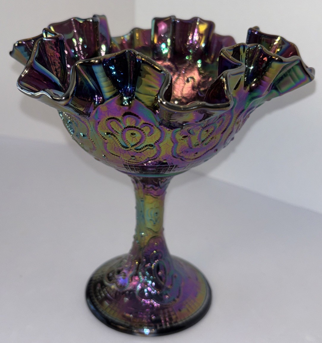 Fenton Vtg Persian Medallion Purple Amethyst Ruffle Footed Bowl Bonbon Marked