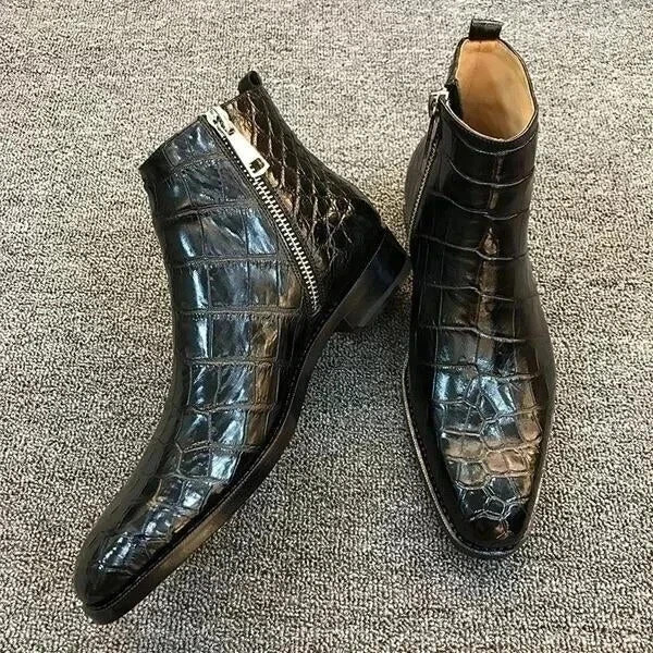 Handmade Croc Texture Black Genuine Leather Formal Ankle Zipper Dress Boots Men