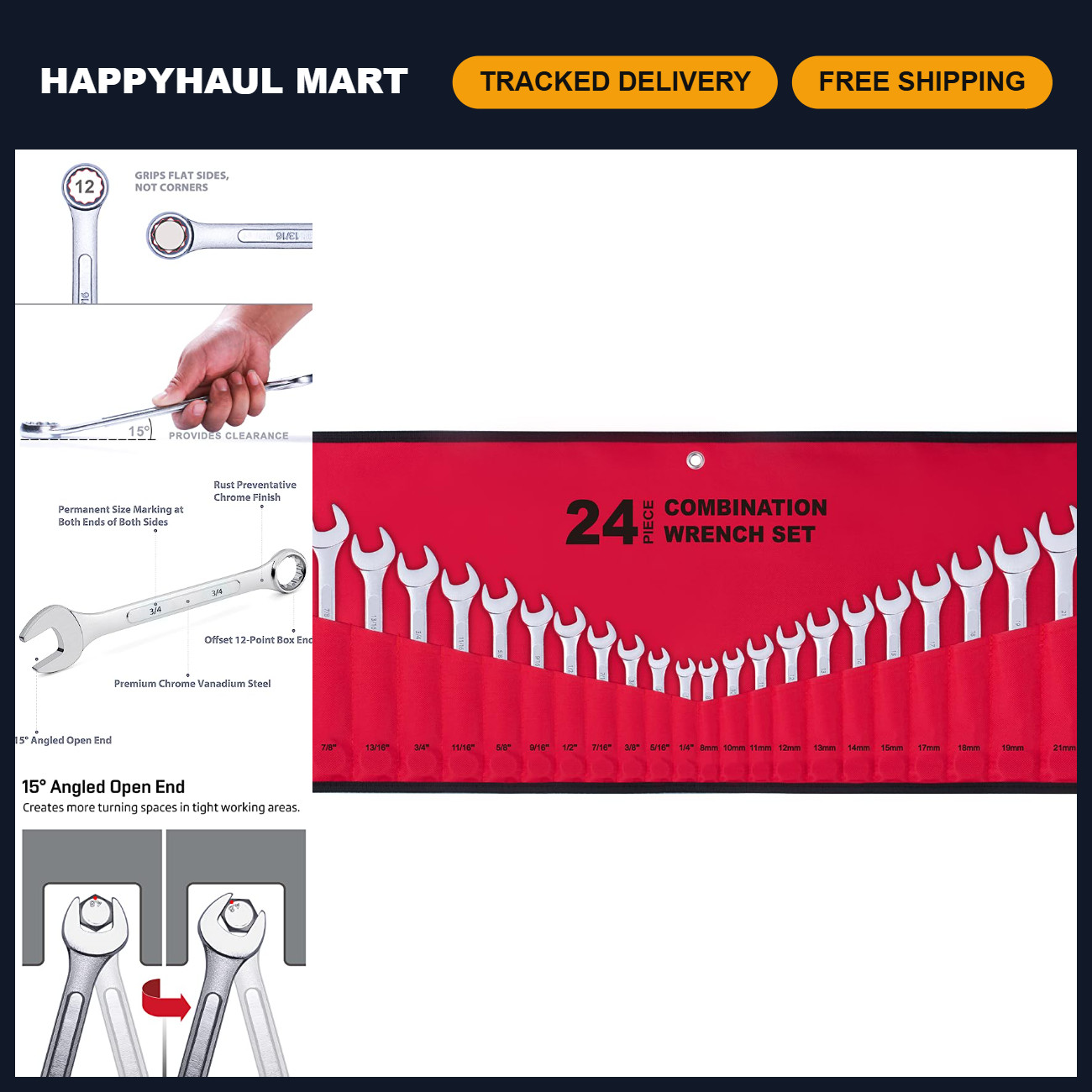 24-Piece Combination Wrench Set | SAE & Metric | Roll-Up Pouch | Auto, Garage, H
