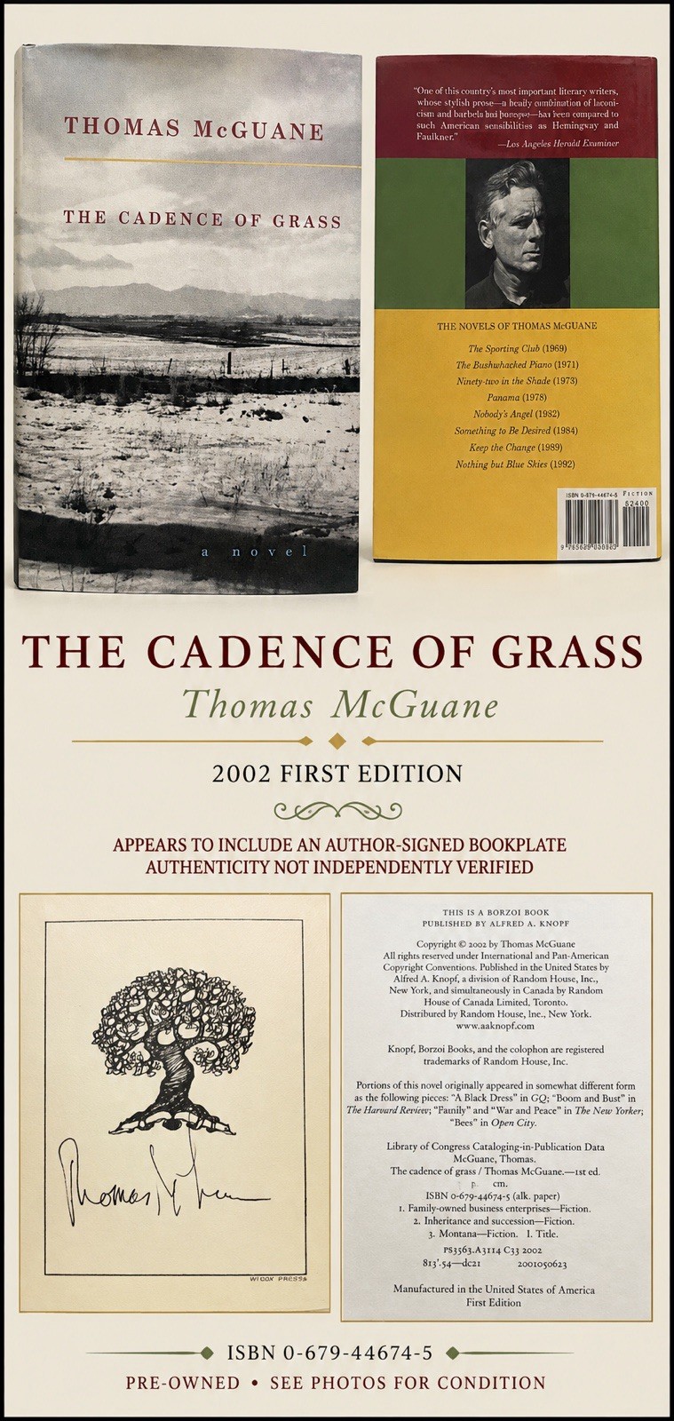 Thomas McGuane The Cadence of Grass PB 2002 1st Edition Knopf Signed-unverified 