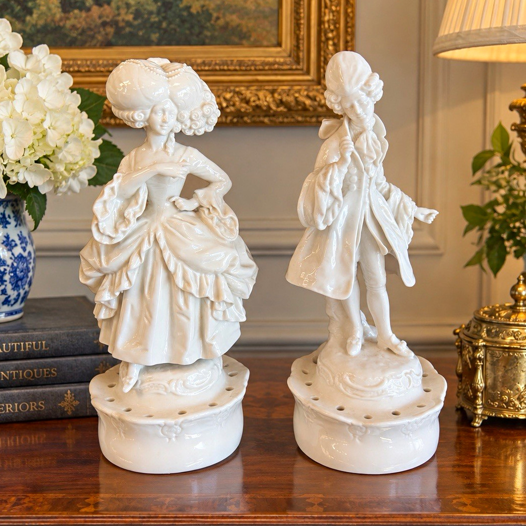 Pair of Antique 1880’s Bavarian White Porcelain Victorian Couple Flower Frogs