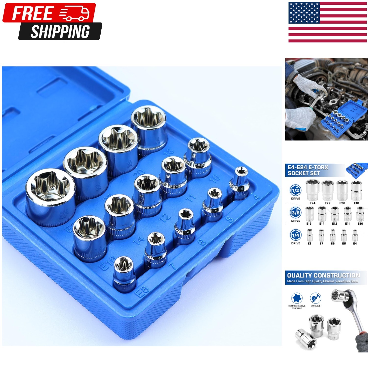 14-Piece Female E-Torx Socket Set, E4-E24 External Star Sockets, 1/4\