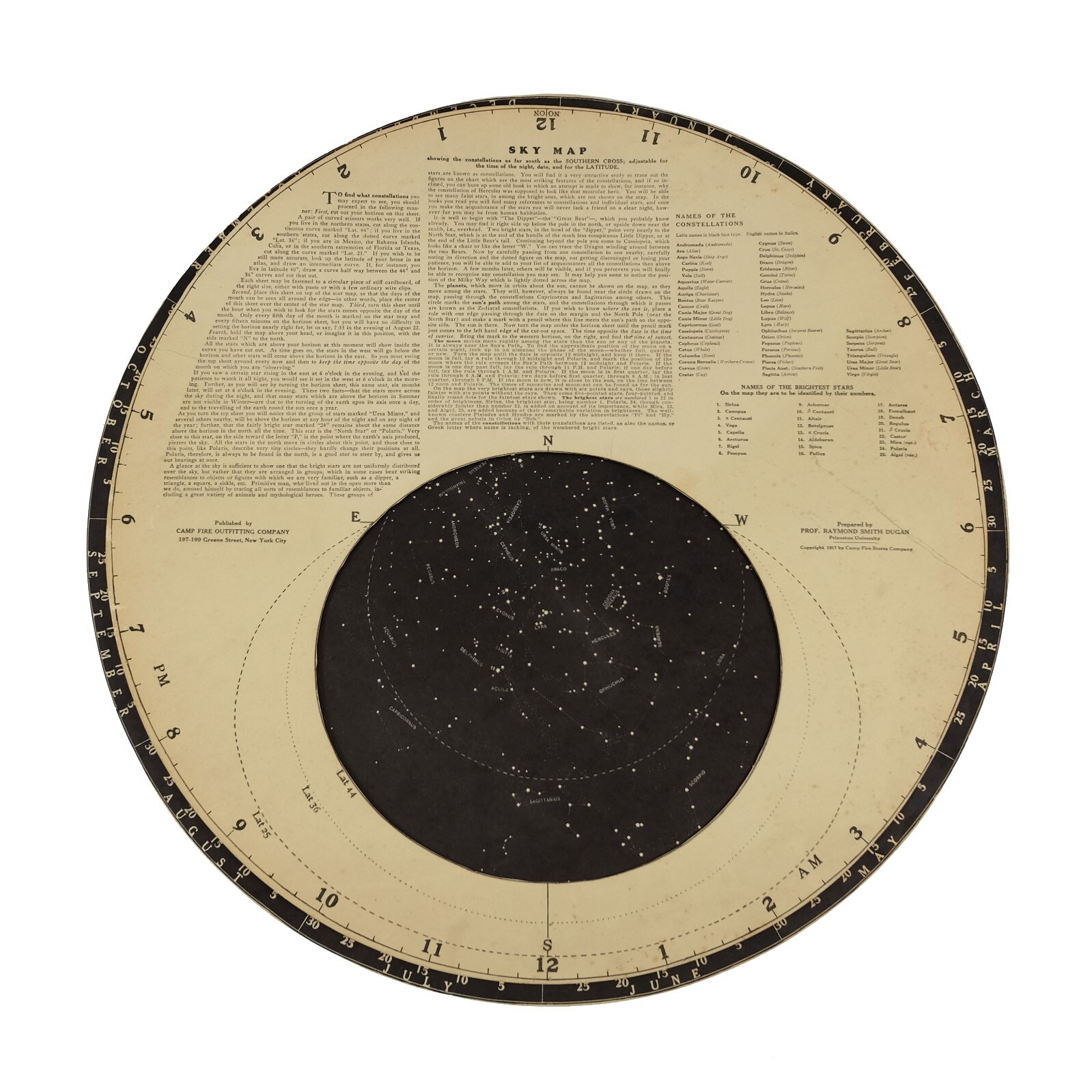 Antique 1917 Astronomy Star Map Raymond Dugan, Camp Fire Stores Company RARE 