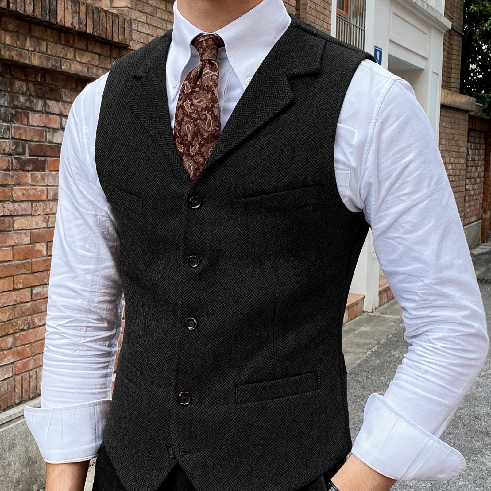 Vintage Herringbone Mens Vest British Style Tweed Waistcoat Casual for JeansSuit