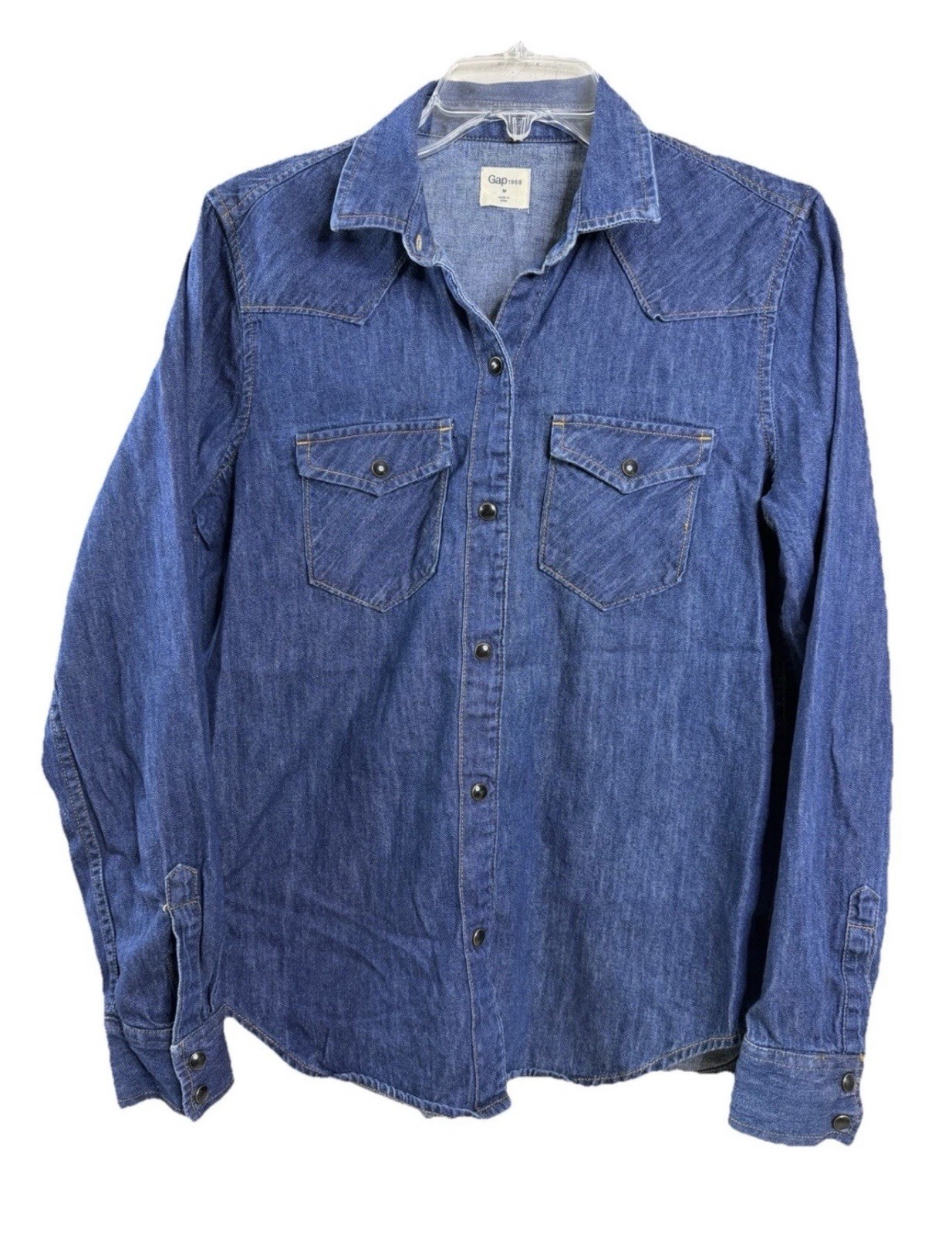Gap 1969 Large Women Denim Snap Western Shirt Dark Wash 100% Cotton EUC
