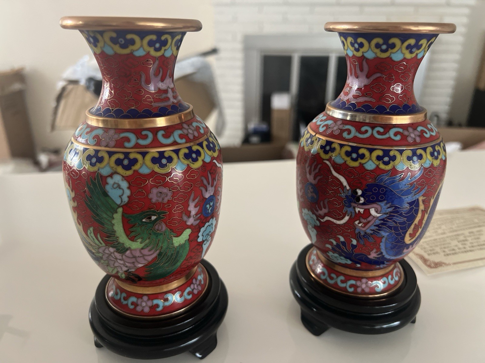 Pair of Chinese Cloisonné Dragon and Phoenix Vases