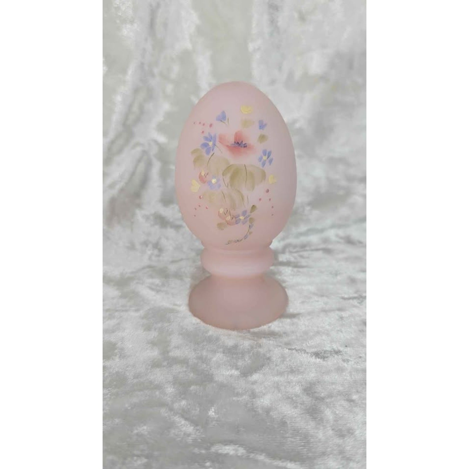 Fenton Hand Painted Pink Satin Glass Egg on Pedestal Signed Stevens Violets Art Fenton Hand Painted Pink Satin Glass Egg on Pedestal Signed Stevens Violets Art