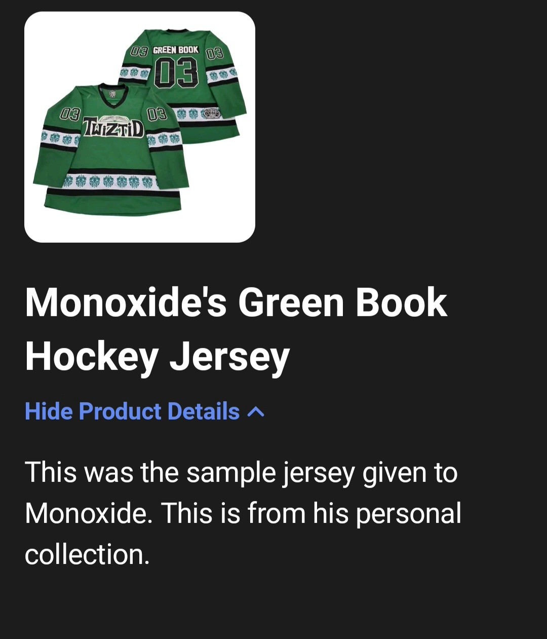 MONOXIDE PERSONAL JERSEY USED Twiztid Green Book Hockey Jersey ICP RARE WORN