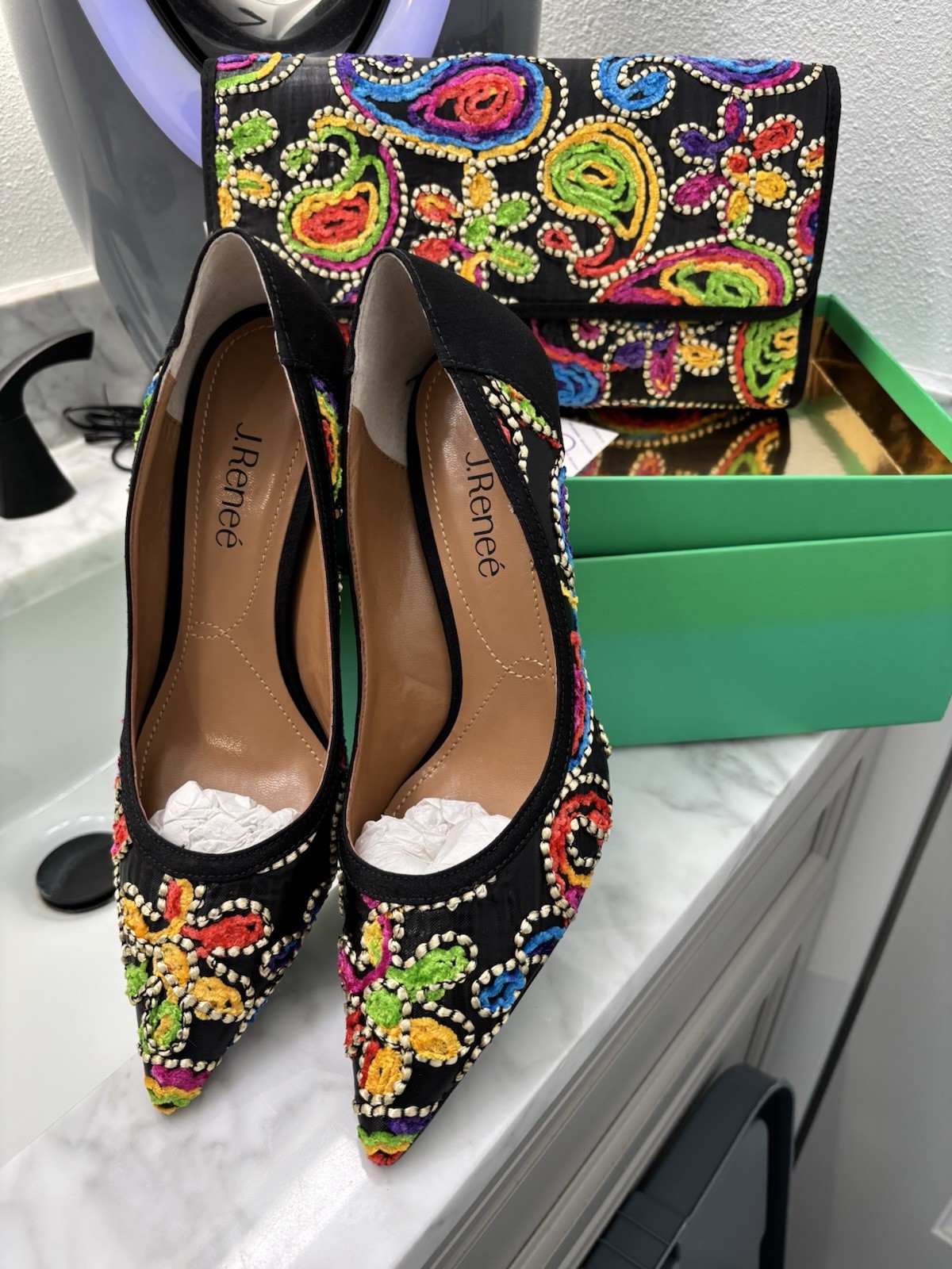 J. Renee Black And Multicolored Heels And Clutch With Vibrant Embellishments 9.5 J. Renee Black And Multicolored Heels And Clutch With Vibrant Embellishments 9.5