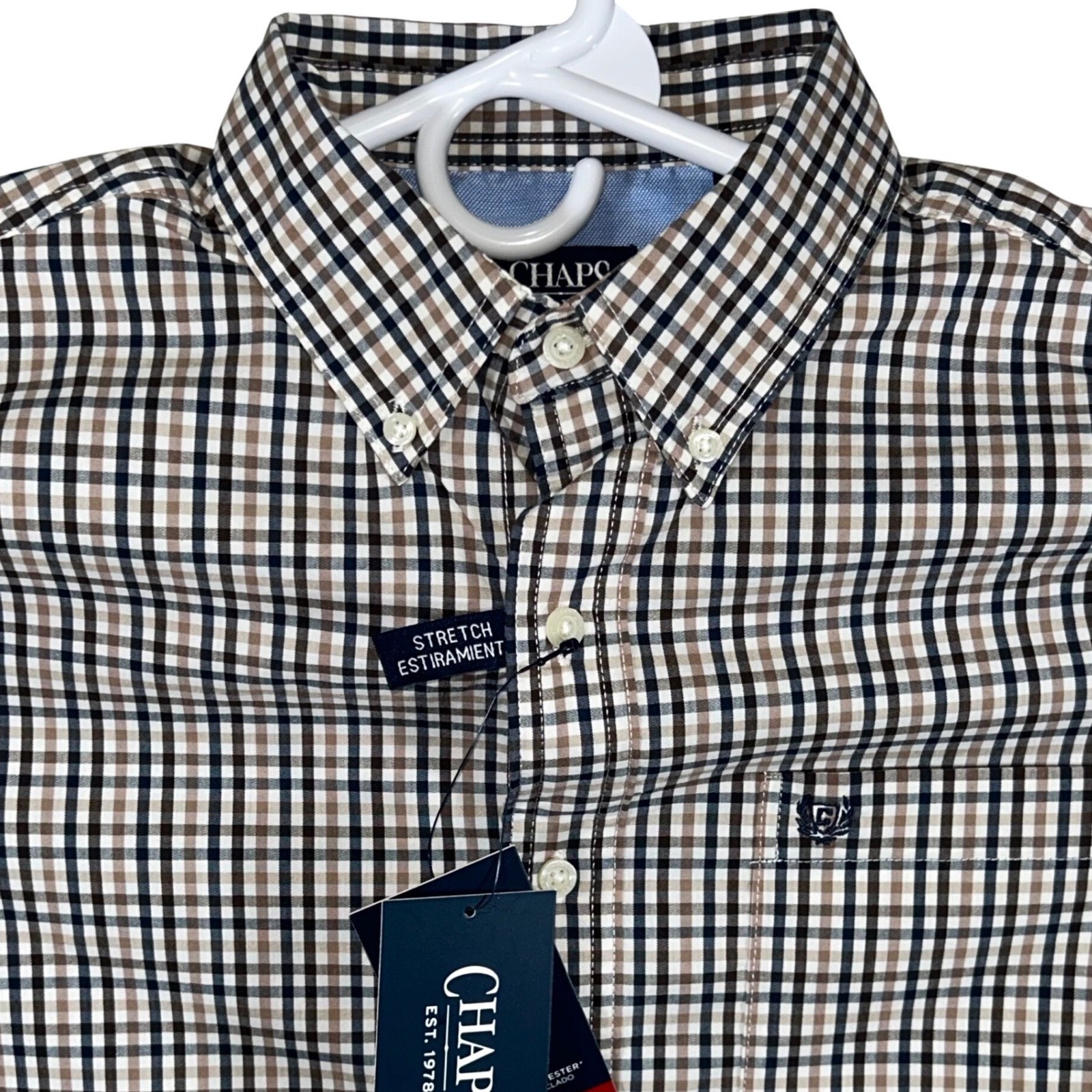 Chaps Mens Easy Care Woven Shirt Tan Blue Check Stretch Size Medium New