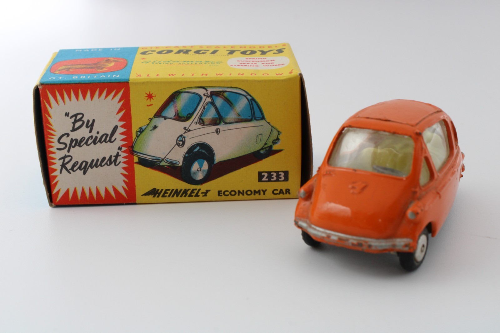1962 CORGI Mettoy Great Britain 233 HEINKEL Economy Car Orange ORIG BOX